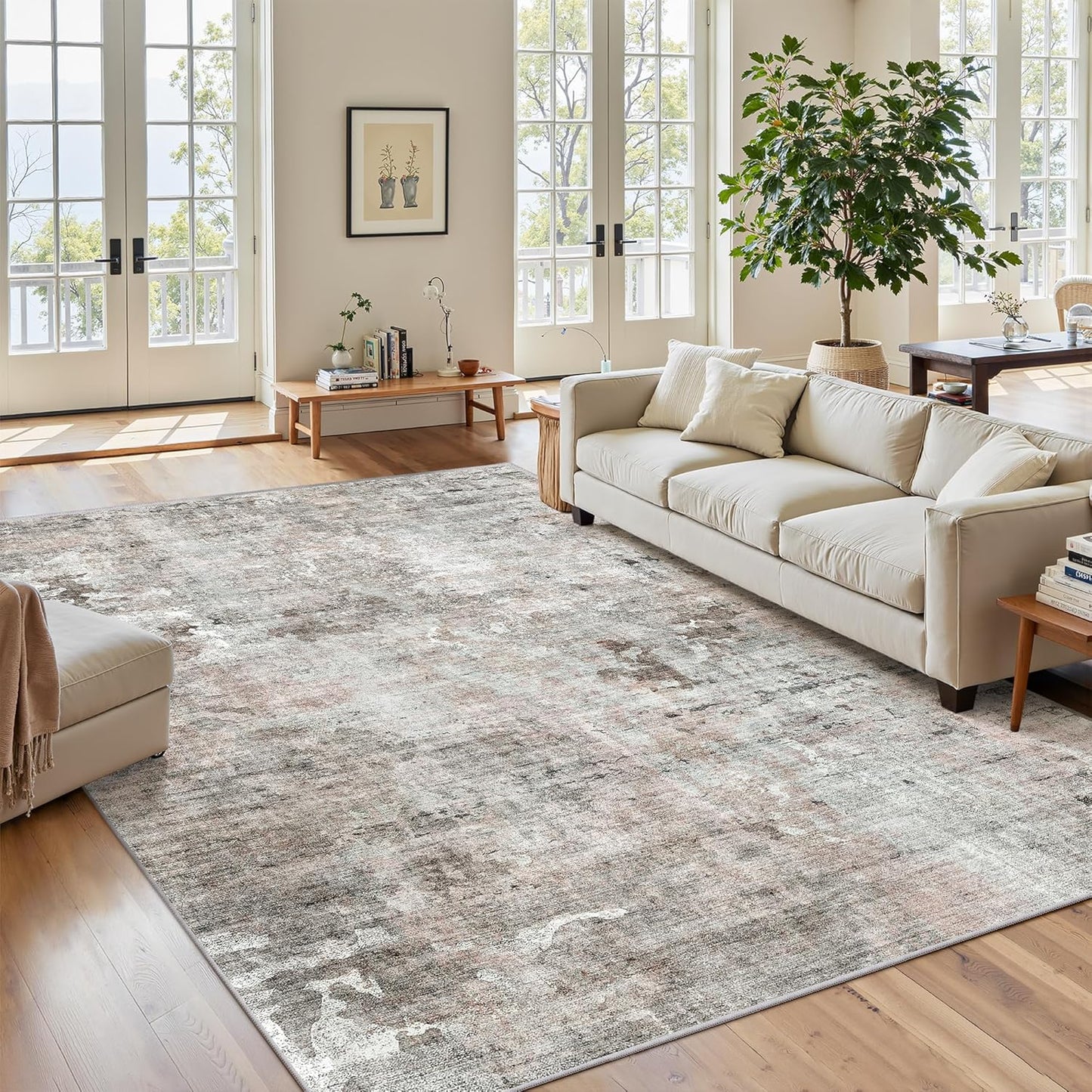 Washable Area Rug 8x10, Large Soft Rugs for Living Room Vintage Beige Carpet 8x10 Area Rugs for Bedroom Dining Room Non-Slip Stain Resistant Under Table Rug