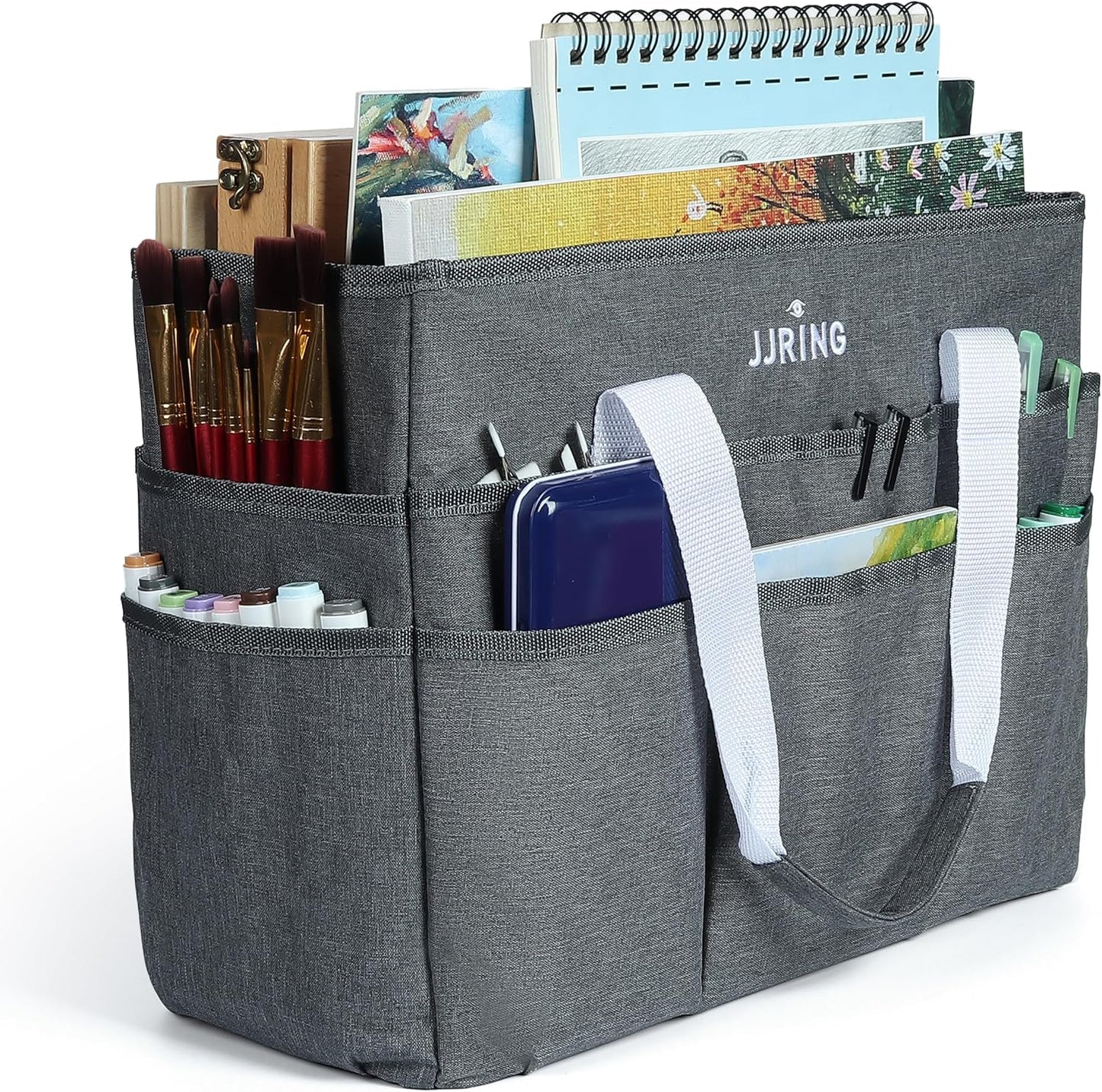 JJRING Craft Organizer Tote Bag, Large Art Storage Caddy with Multiple Pockets, Bluish Green Sewing Bag for Art, Craft, Scrapbooking, School, Medical, and Office Supplies Storage