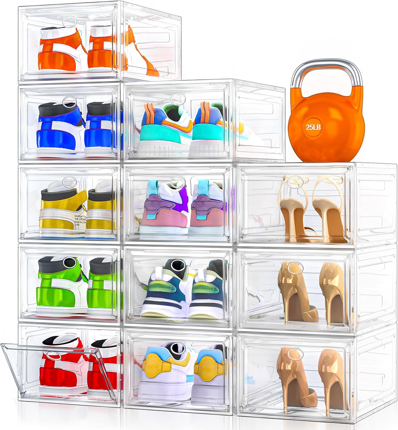 Thickened Clear Shoe Storage Organizer with Magnetic Door, Sturdy Stackable Shoe Boxes for Closet, Collapsible Space-Saving Shoe Rack for Sneakers & Boots, Plastic Shoe Cabinet Box Set, 6 Pack, White