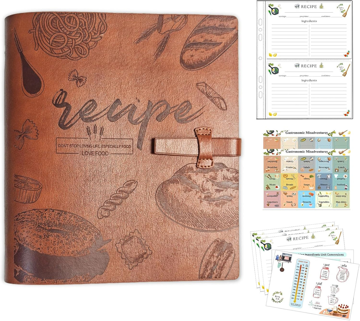 Recipe Binder, Recipe Book Binder with Plastic Sleeves, Blank Recipe Card Book to Write in Your Own Recipes (4" x 6" Recipe Cards & Category Tab) (Light Brown)