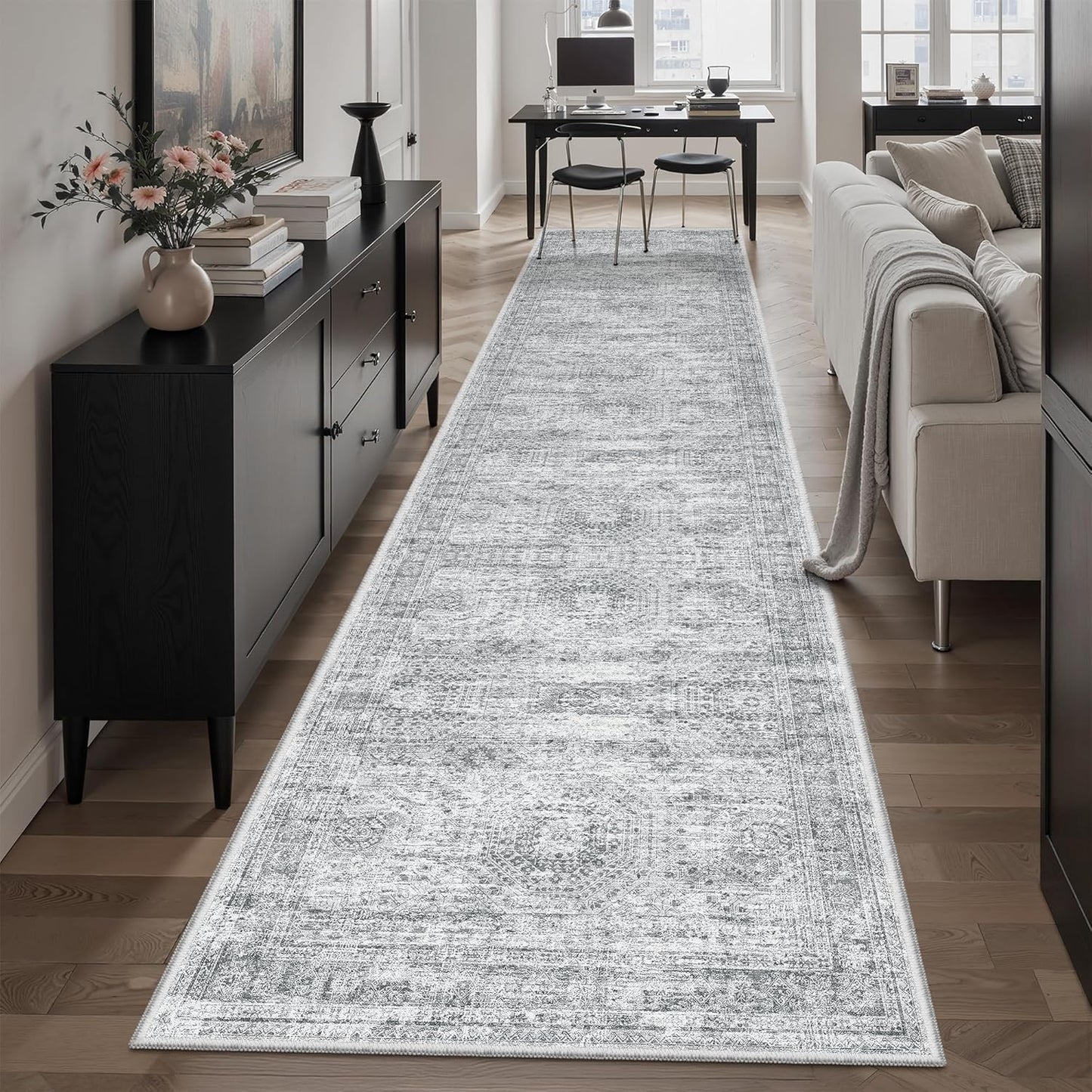 Washable Area Rug 8x10, Large Soft Rugs for Living Room Vintage Beige Carpet 8x10 Area Rugs for Bedroom Dining Room Non-Slip Stain Resistant Under Table Rug