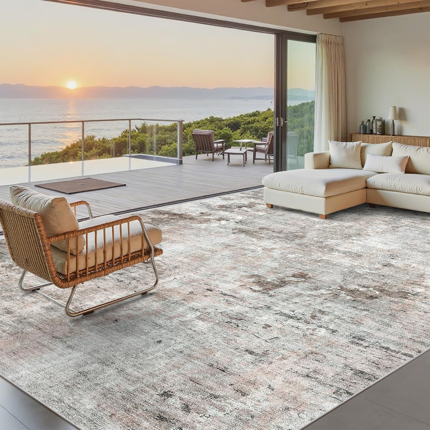 Washable Area Rug 8x10, Large Soft Rugs for Living Room Vintage Beige Carpet 8x10 Area Rugs for Bedroom Dining Room Non-Slip Stain Resistant Under Table Rug