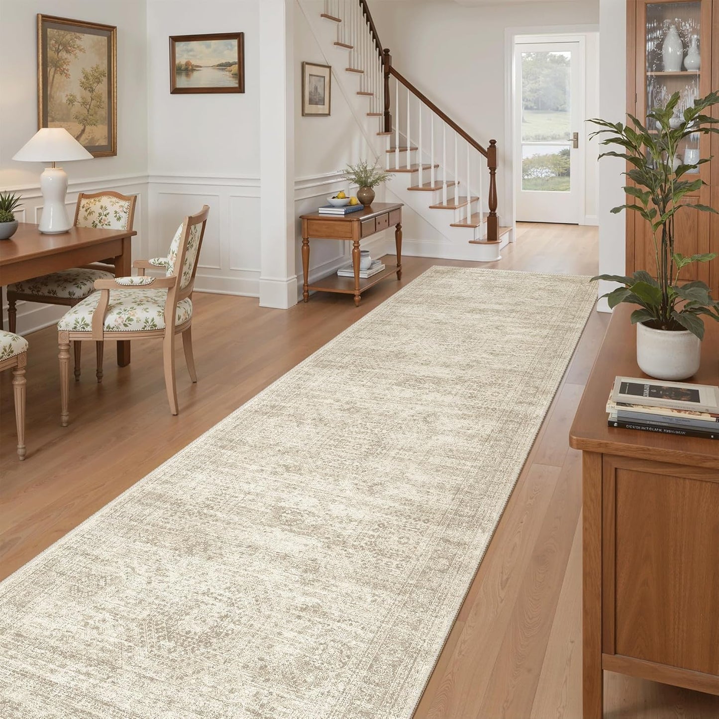 Washable Area Rug 8x10, Large Soft Rugs for Living Room Vintage Beige Carpet 8x10 Area Rugs for Bedroom Dining Room Non-Slip Stain Resistant Under Table Rug