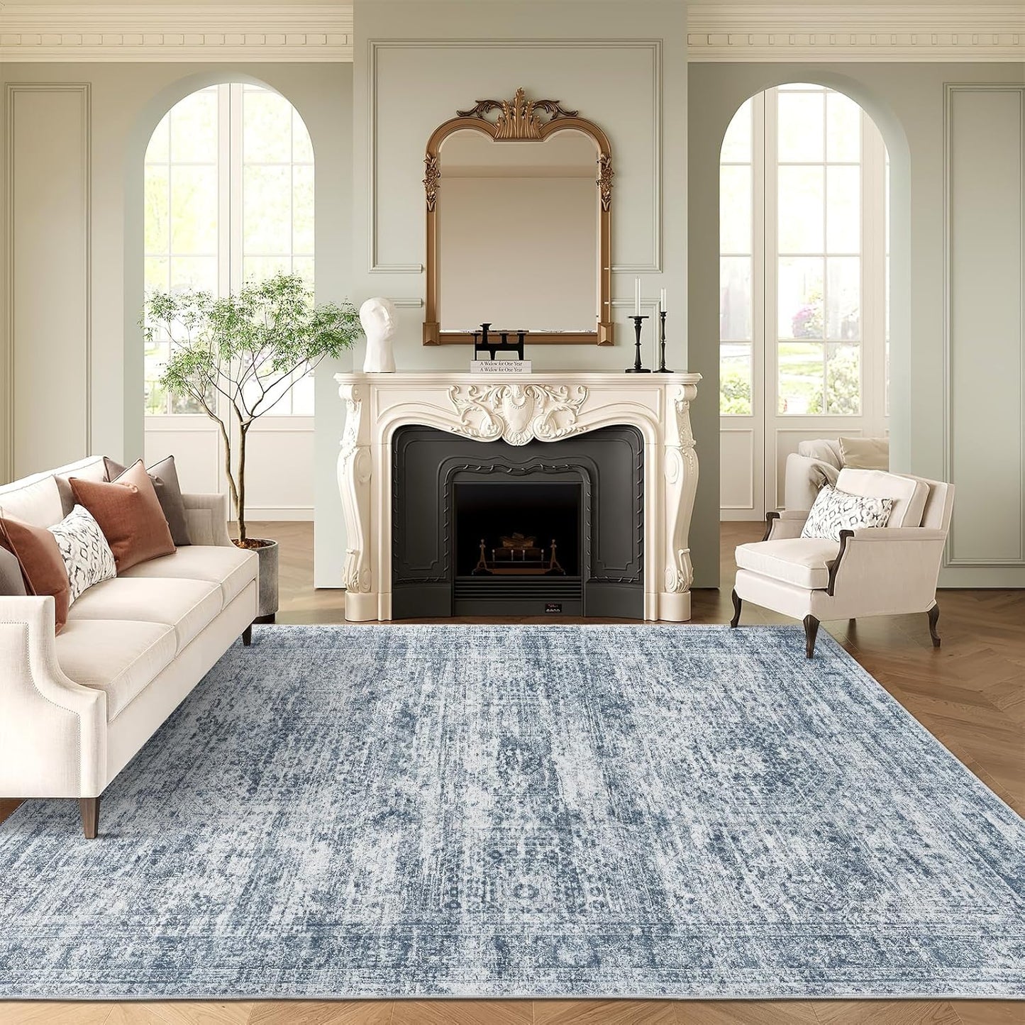 Washable Area Rug 8x10, Large Soft Rugs for Living Room Vintage Beige Carpet 8x10 Area Rugs for Bedroom Dining Room Non-Slip Stain Resistant Under Table Rug