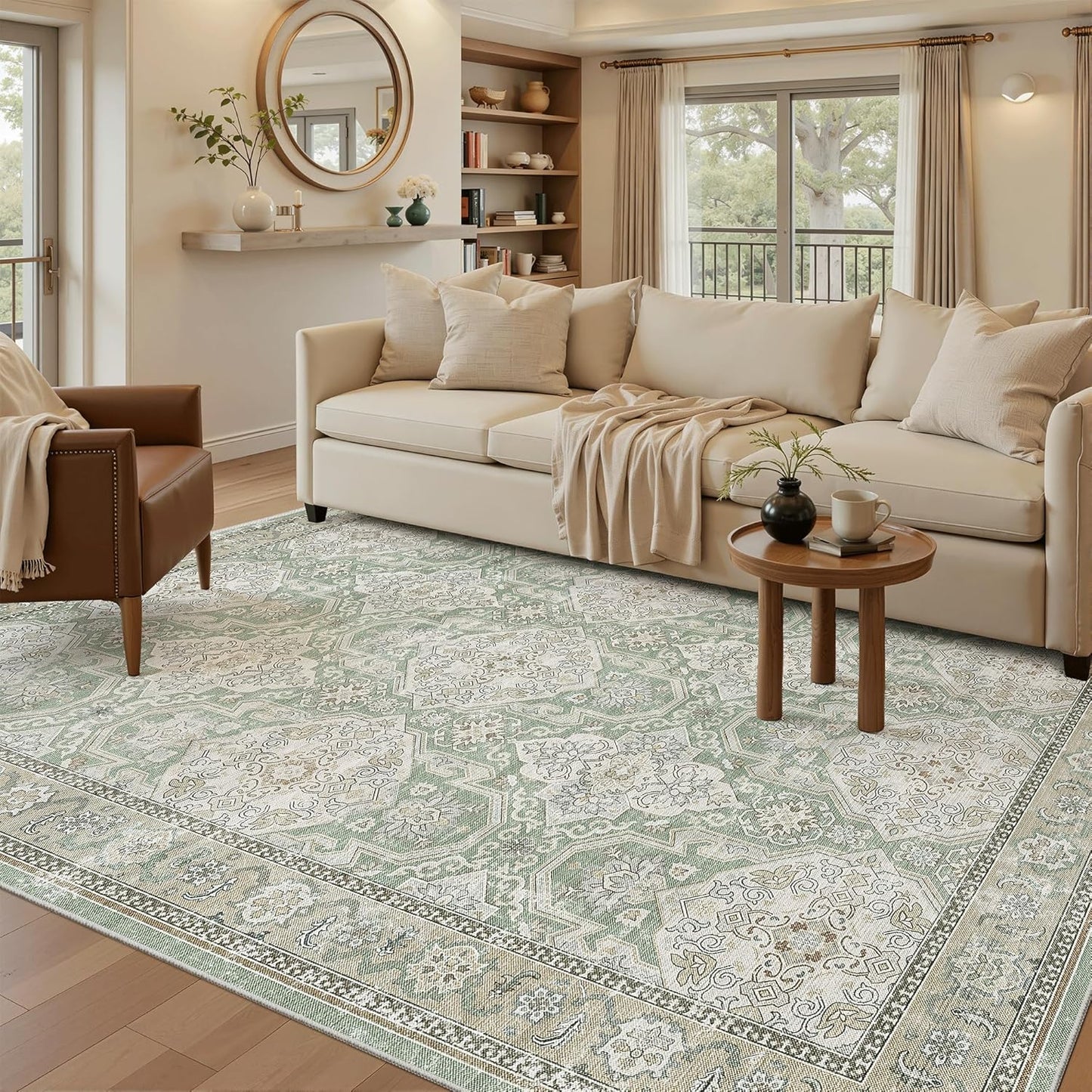 Washable Area Rug 8x10, Large Soft Rugs for Living Room Vintage Beige Carpet 8x10 Area Rugs for Bedroom Dining Room Non-Slip Stain Resistant Under Table Rug