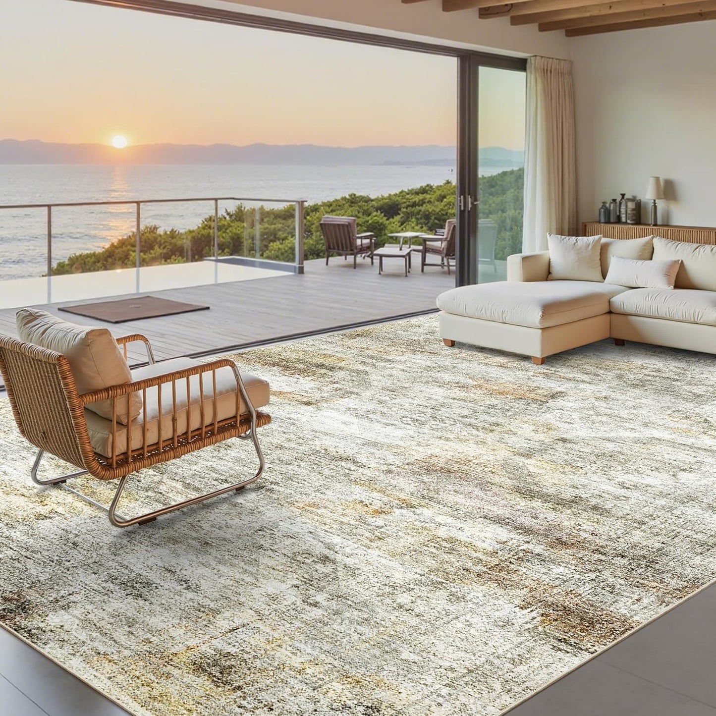 Washable Area Rug 8x10, Large Soft Rugs for Living Room Vintage Beige Carpet 8x10 Area Rugs for Bedroom Dining Room Non-Slip Stain Resistant Under Table Rug