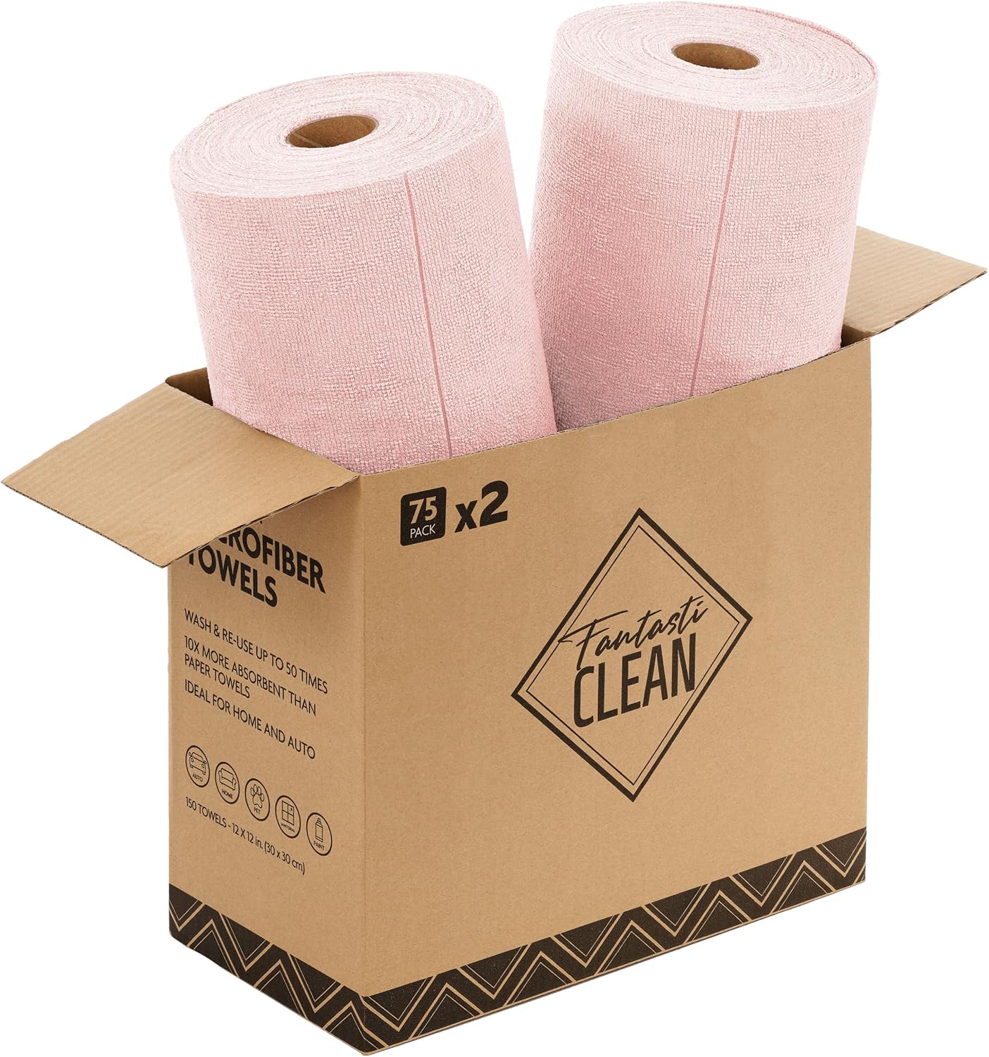 Fantasticlean Microfiber Cleaning Cloth Roll -75 Pack, Tear Away Microfiber Towels, 12" x 12", Reusable, Washable, Scratch Free, Ultra Absorbent Dishcloth for All-Around Cleaning Supplies (Pink)