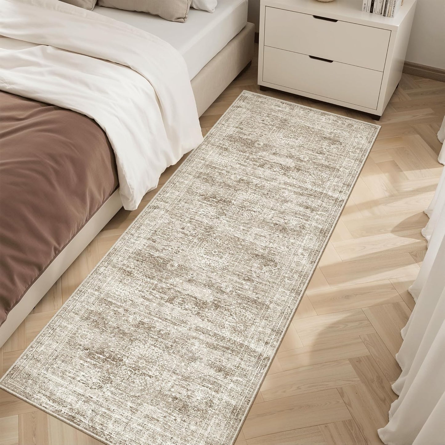 Washable Area Rug 8x10, Large Soft Rugs for Living Room Vintage Beige Carpet 8x10 Area Rugs for Bedroom Dining Room Non-Slip Stain Resistant Under Table Rug