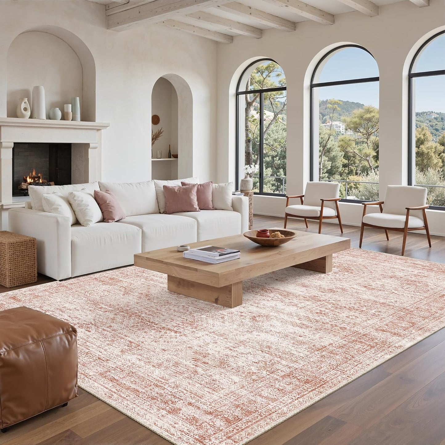 Washable Area Rug 8x10, Large Soft Rugs for Living Room Vintage Beige Carpet 8x10 Area Rugs for Bedroom Dining Room Non-Slip Stain Resistant Under Table Rug