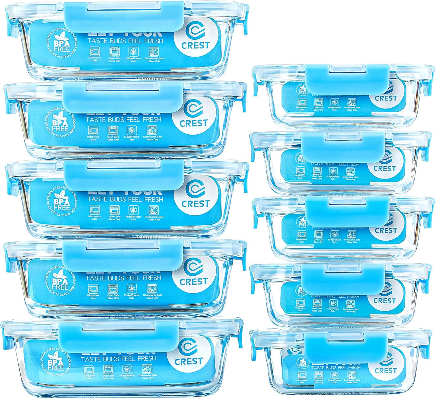 C CREST [10 Pack] Glass Meal Prep Containers, Food Storage Containers with Lids Airtight, Glass Lunch Boxes, Microwave, Oven, Freezer and Dishwasher Safe