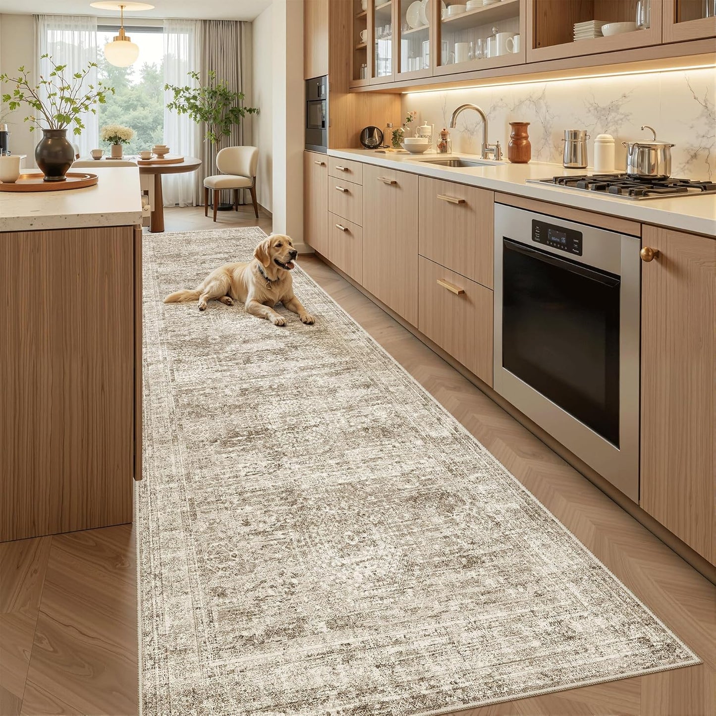 Washable Area Rug 8x10, Large Soft Rugs for Living Room Vintage Beige Carpet 8x10 Area Rugs for Bedroom Dining Room Non-Slip Stain Resistant Under Table Rug
