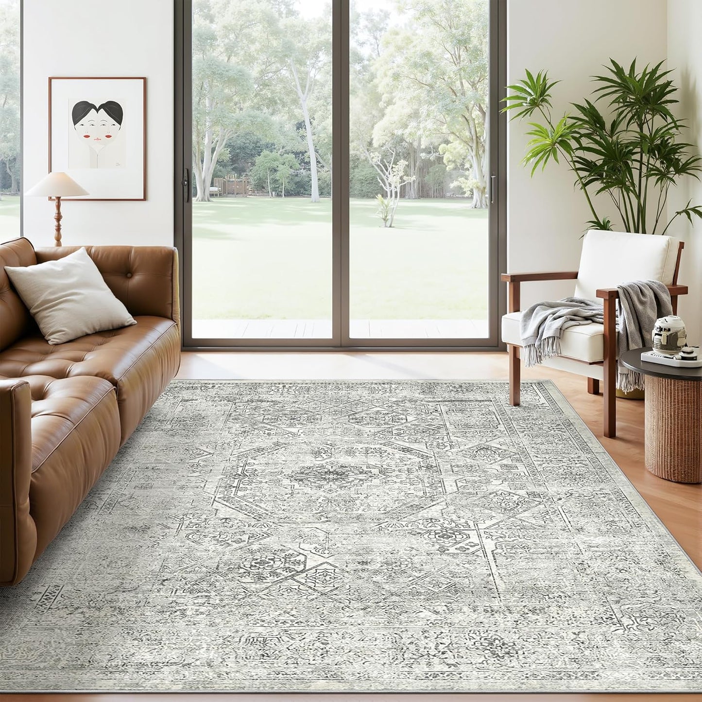 Washable Area Rug 8x10, Large Soft Rugs for Living Room Vintage Beige Carpet 8x10 Area Rugs for Bedroom Dining Room Non-Slip Stain Resistant Under Table Rug