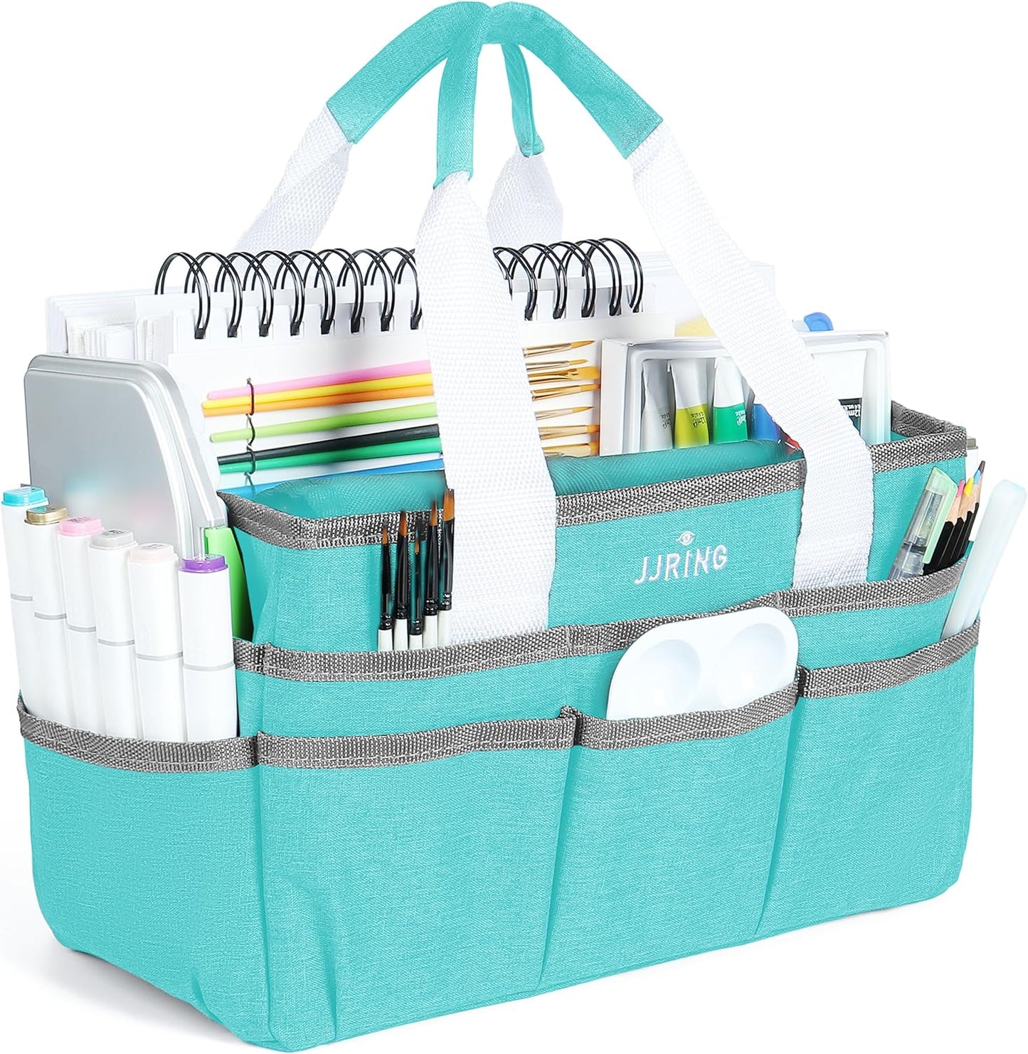 JJRING Craft Organizer Tote Bag, Large Art Storage Caddy with Multiple Pockets, Bluish Green Sewing Bag for Art, Craft, Scrapbooking, School, Medical, and Office Supplies Storage