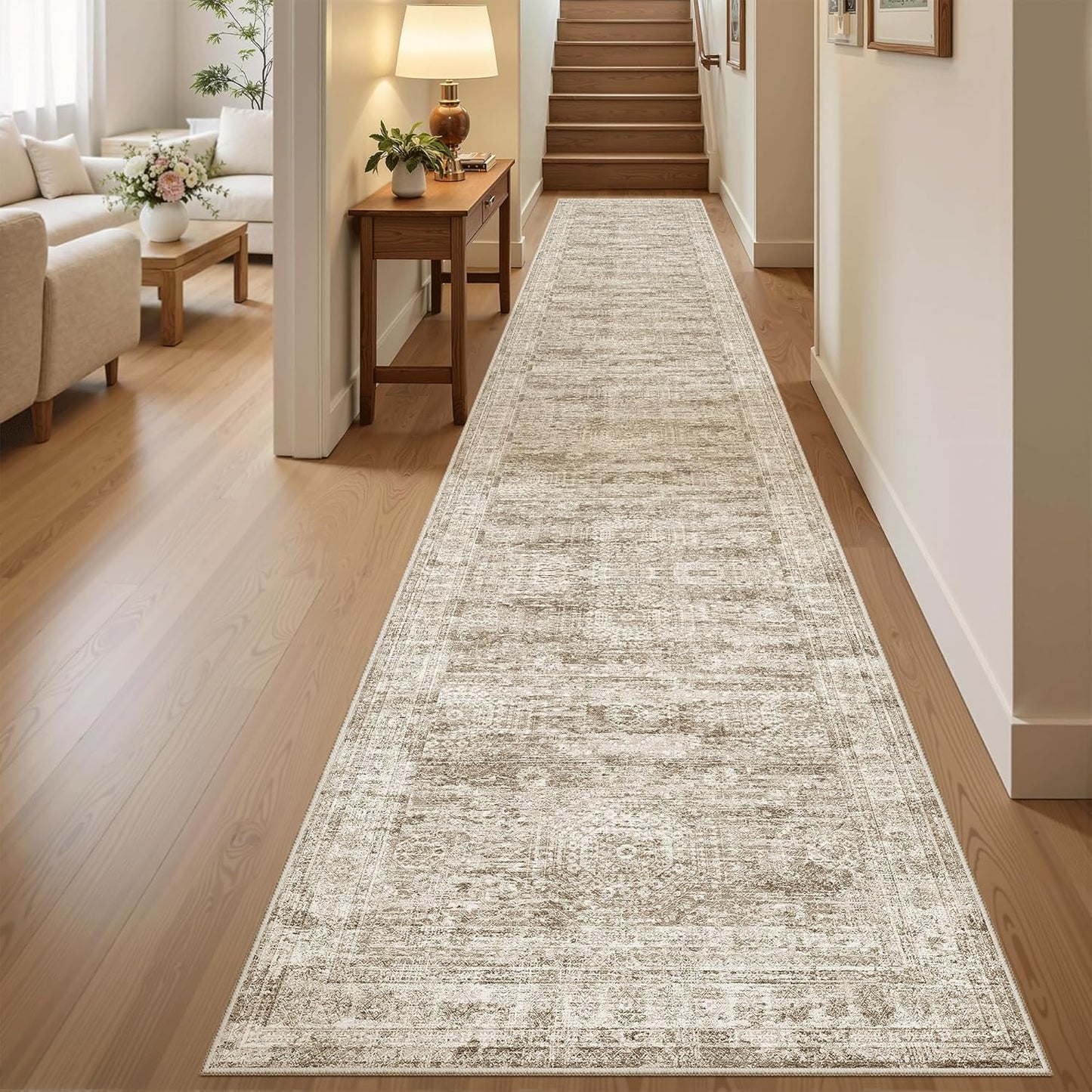 Washable Area Rug 8x10, Large Soft Rugs for Living Room Vintage Beige Carpet 8x10 Area Rugs for Bedroom Dining Room Non-Slip Stain Resistant Under Table Rug