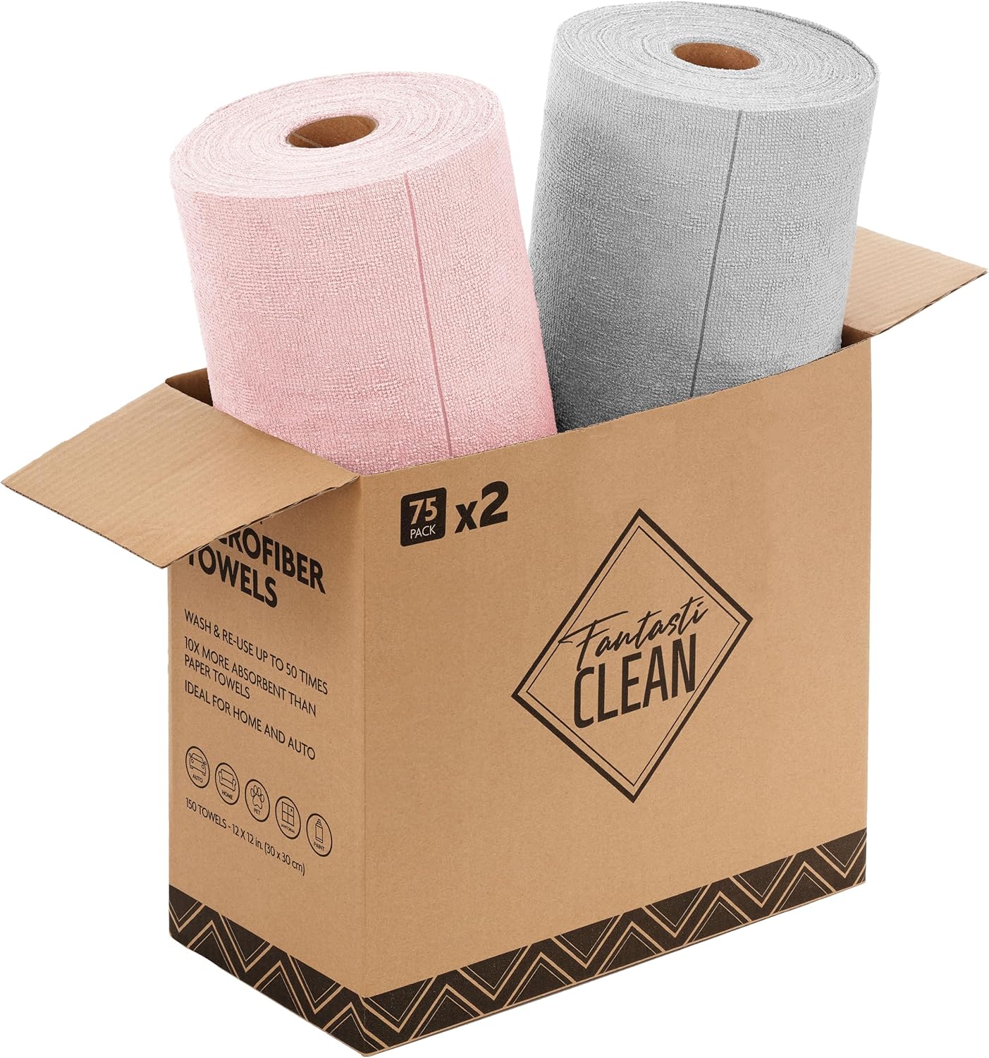 Fantasticlean Microfiber Cleaning Cloth Roll -75 Pack, Tear Away Microfiber Towels, 12" x 12", Reusable, Washable, Scratch Free, Ultra Absorbent Dishcloth for All-Around Cleaning Supplies (Pink)