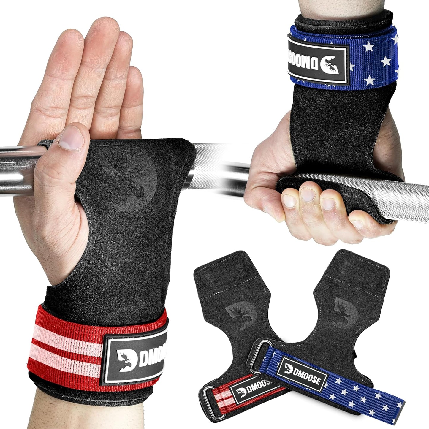 DMoose Fitness Weight Lifting Hooks (Pair) for Deadlifts, Pull Ups, Rows & Shrugs - Anti-Rip Nylon Strap Hand Grips with Thick Wrist Padding - Heavy Duty Wrist Straps for Weightlifting & Gym Workouts