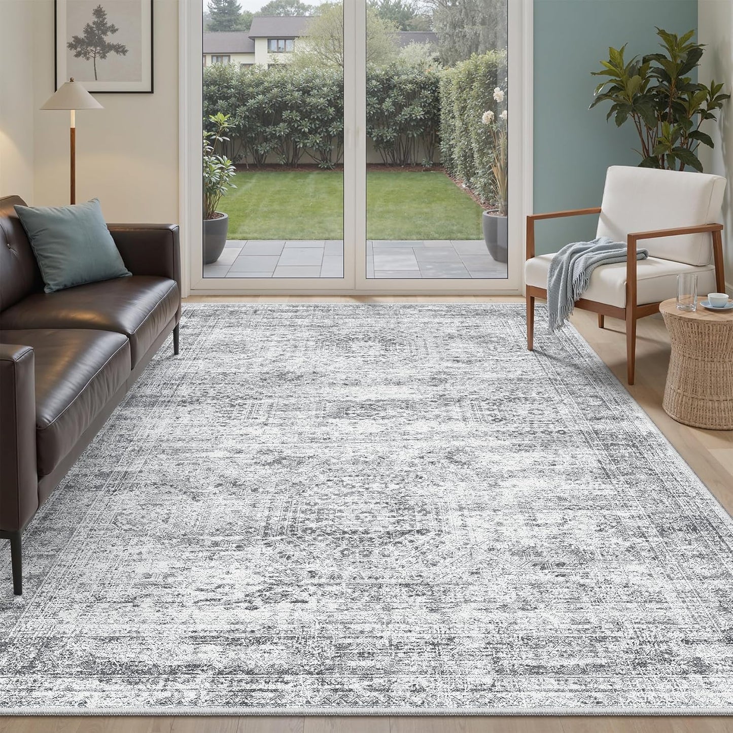 Washable Area Rug 8x10, Large Soft Rugs for Living Room Vintage Beige Carpet 8x10 Area Rugs for Bedroom Dining Room Non-Slip Stain Resistant Under Table Rug