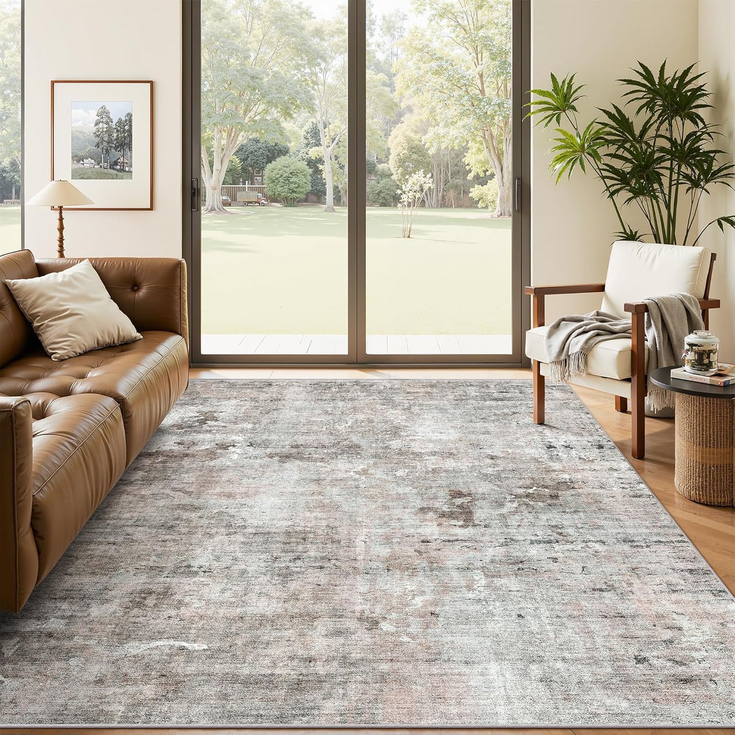 Washable Area Rug 8x10, Large Soft Rugs for Living Room Vintage Beige Carpet 8x10 Area Rugs for Bedroom Dining Room Non-Slip Stain Resistant Under Table Rug