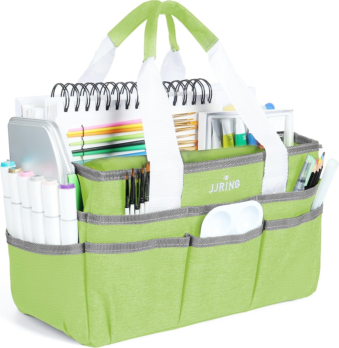 JJRING Craft Organizer Tote Bag, Large Art Storage Caddy with Multiple Pockets, Bluish Green Sewing Bag for Art, Craft, Scrapbooking, School, Medical, and Office Supplies Storage
