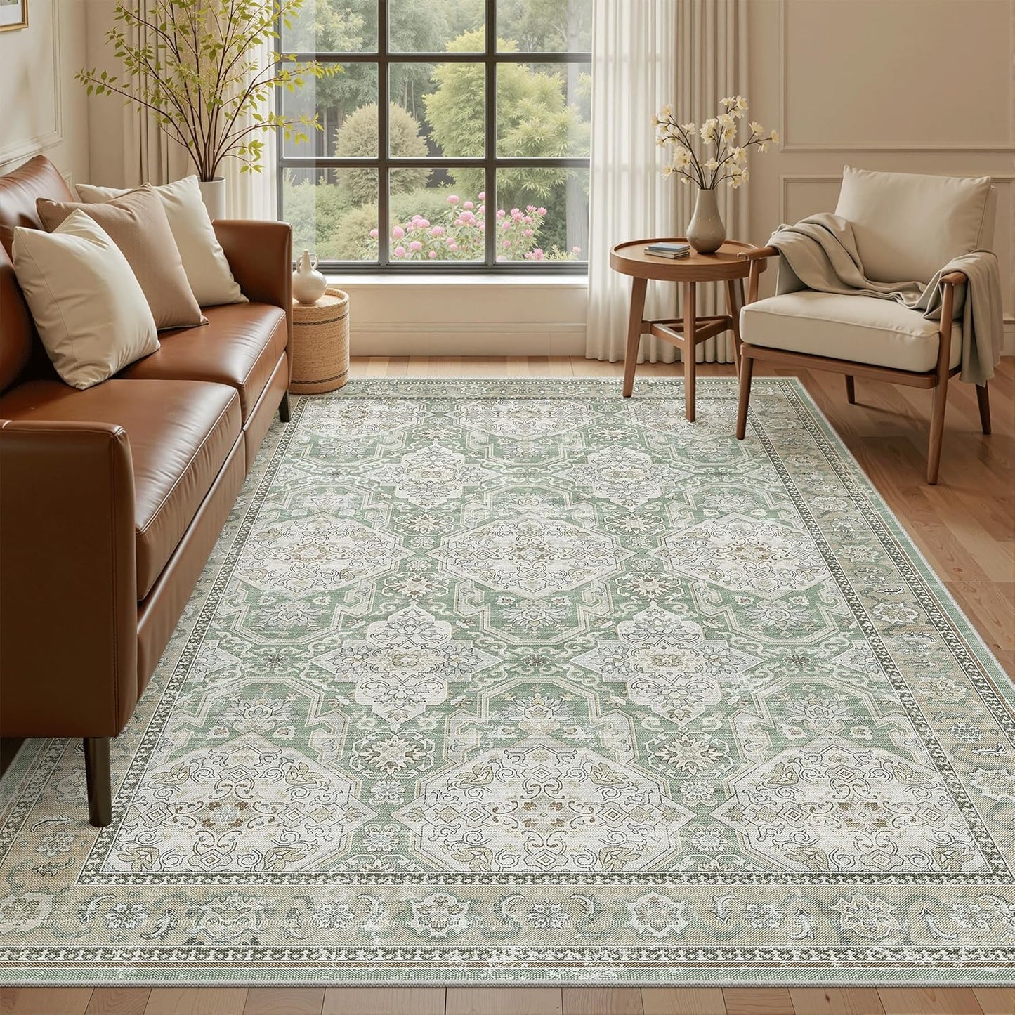 Washable Area Rug 8x10, Large Soft Rugs for Living Room Vintage Beige Carpet 8x10 Area Rugs for Bedroom Dining Room Non-Slip Stain Resistant Under Table Rug