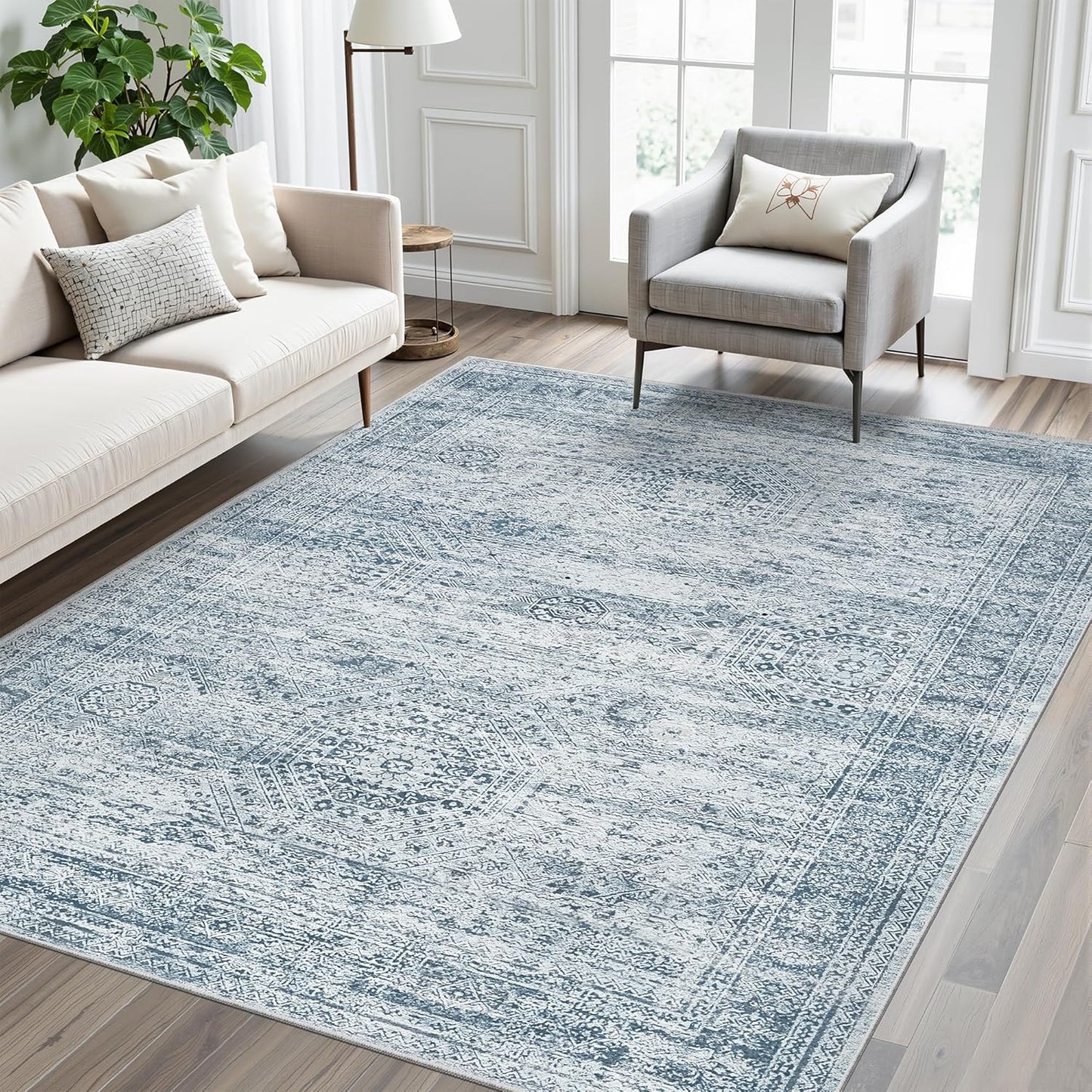 Washable Area Rug 8x10, Large Soft Rugs for Living Room Vintage Beige Carpet 8x10 Area Rugs for Bedroom Dining Room Non-Slip Stain Resistant Under Table Rug