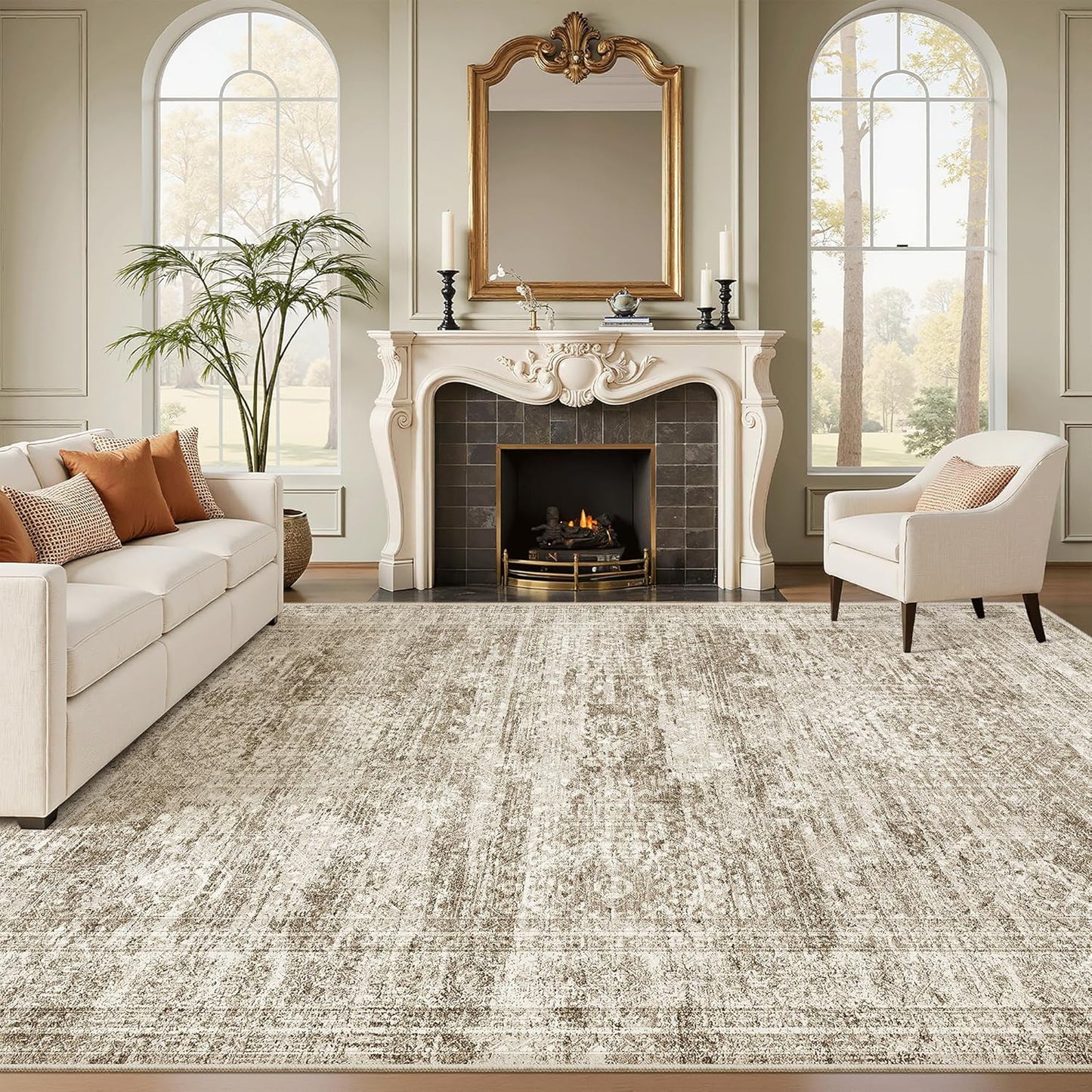 Washable Area Rug 8x10, Large Soft Rugs for Living Room Vintage Beige Carpet 8x10 Area Rugs for Bedroom Dining Room Non-Slip Stain Resistant Under Table Rug