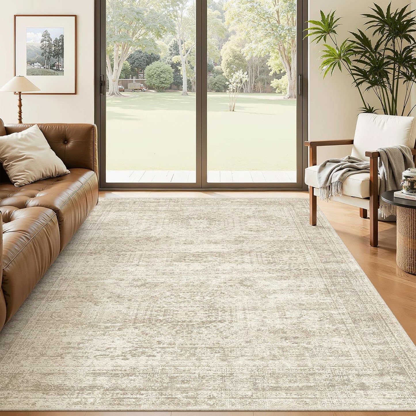Washable Area Rug 8x10, Large Soft Rugs for Living Room Vintage Beige Carpet 8x10 Area Rugs for Bedroom Dining Room Non-Slip Stain Resistant Under Table Rug