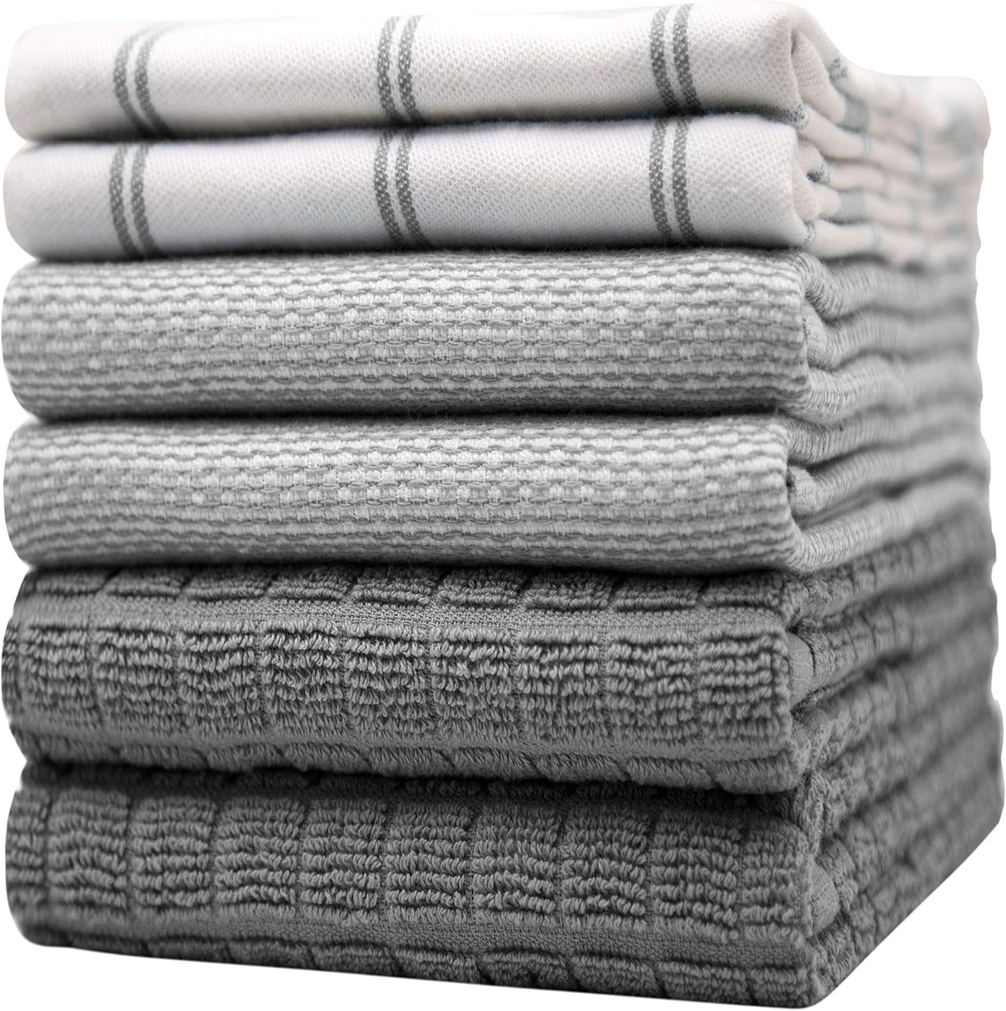 Premium Kitchen Towels (20”x 28”, 6 Pack) | Large Cotton Dish Towels | Flat & Terry Highly Absorbent Kitchen Linen Set with Hanging Loop | Gray