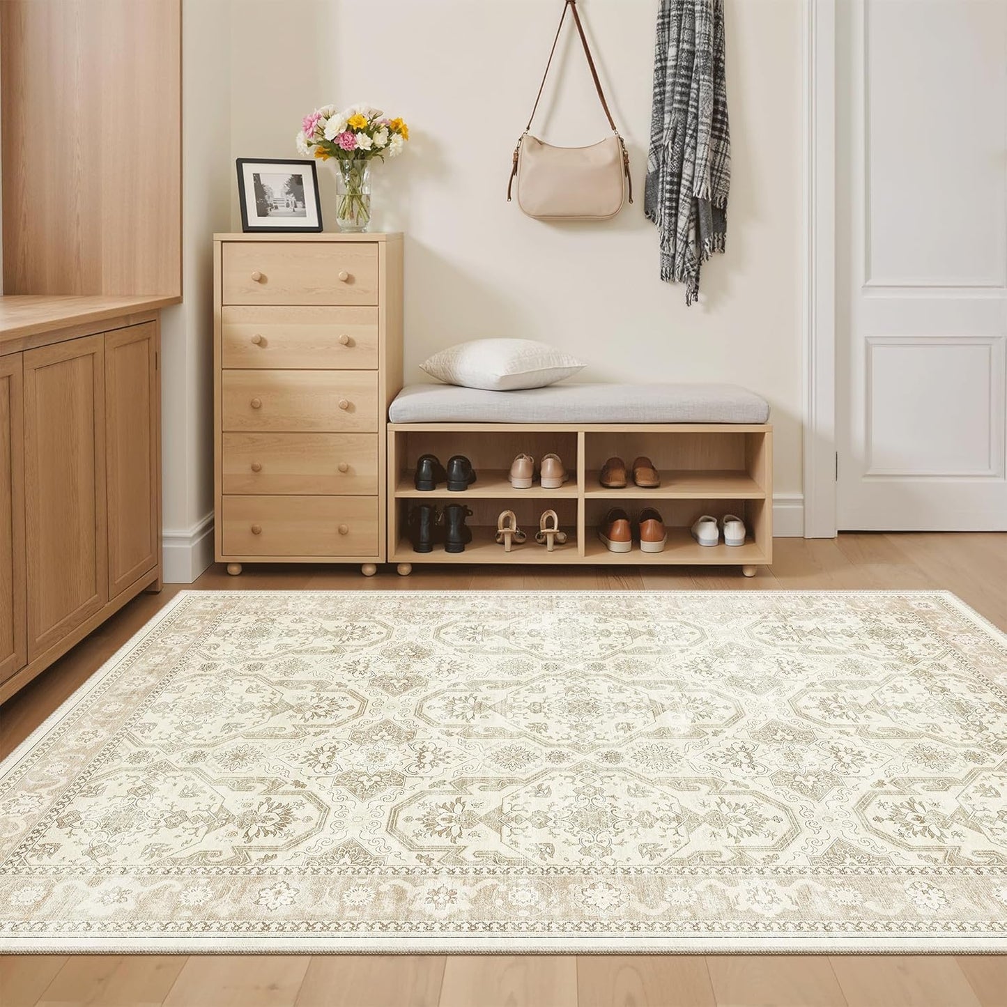 Washable Area Rug 8x10, Large Soft Rugs for Living Room Vintage Beige Carpet 8x10 Area Rugs for Bedroom Dining Room Non-Slip Stain Resistant Under Table Rug