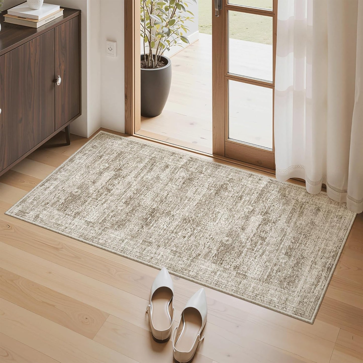 Washable Area Rug 8x10, Large Soft Rugs for Living Room Vintage Beige Carpet 8x10 Area Rugs for Bedroom Dining Room Non-Slip Stain Resistant Under Table Rug