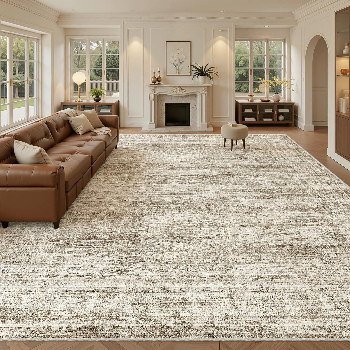 Washable Area Rug 8x10, Large Soft Rugs for Living Room Vintage Beige Carpet 8x10 Area Rugs for Bedroom Dining Room Non-Slip Stain Resistant Under Table Rug